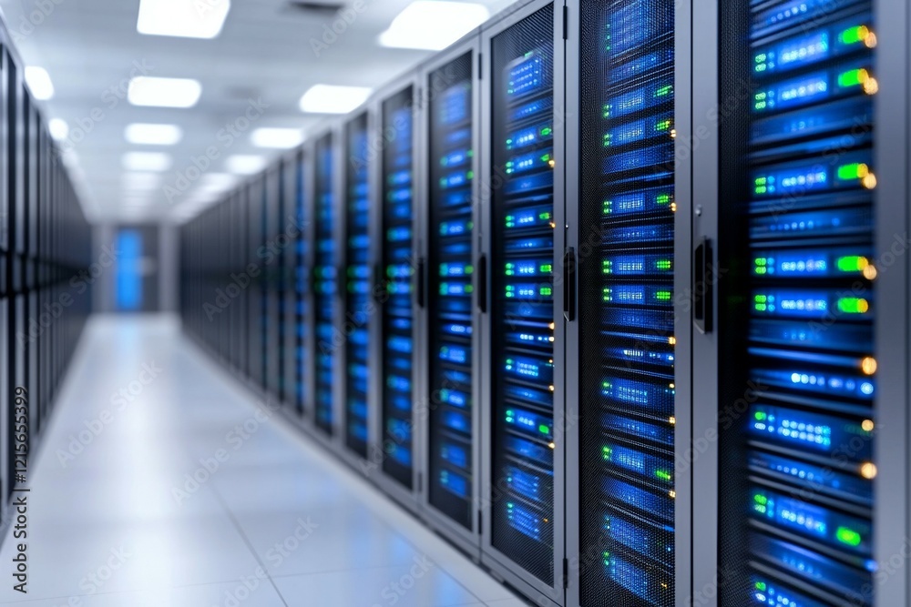 Advanced data center with server racks and blue led lights in a modern facility