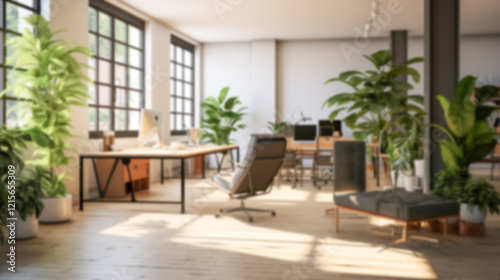 Blurred coastal office retreat with large windows offering a sea view, perfect for Zoom or Google Meet background featuring a modern workspace.


