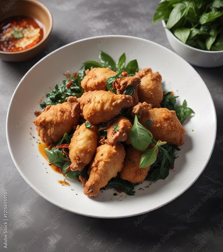 A bowl of steaming hot spicy fried chicken garnished with a sprig of fragrant Thai basil leaves, served on a minimalist white plate , comfort food, herbal garnish, fried chicken A bowl of steaming hot spicy fried chicken garnished with a sprig of fragrant Thai basil leaves, served on a minimalist white plate , comfort food, herbal garnish, fried chicken