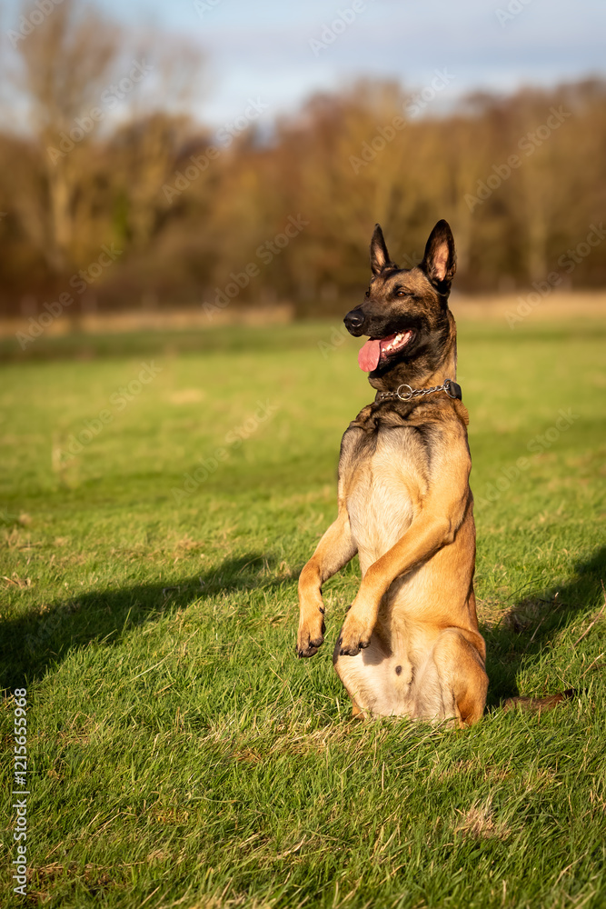 Young male black and tan Belgian Malinois cross Dutch Herder shepherd dog 24 months old sits in up position tongue out on green grass Milton Keynes Buckinghamshire England UK Young male black and tan Belgian Malinois cross Dutch Herder shepherd dog 24 months old sits in up position tongue out on green grass Milton Keynes Buckinghamshire England UK
