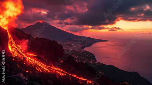 Lava flows from the crater of stromboli volcano at sunset, eruption, volcano. Lava Flow. Illustration