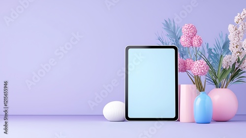 Blank tablet screen mockup with pastel flowers and vases on purple background.
