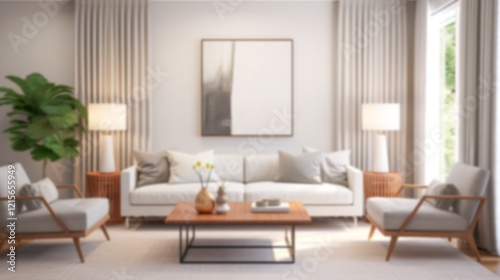 Blurred coastal office retreat with large windows offering a sea view, perfect for Zoom or Google Meet background featuring a modern workspace.

