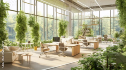 Blurred coastal office retreat with large windows offering a sea view  perfect for Zoom or Google Meet background featuring a modern workspace.  