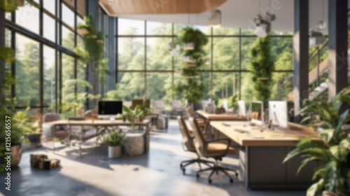 Blurred coastal office retreat with large windows offering a sea view, perfect for Zoom or Google Meet background featuring a modern workspace.

