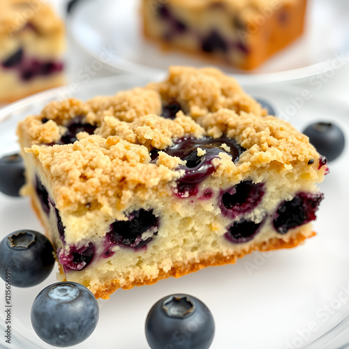 A slice of blueberry coffee cake with streusel topping and a transparent background. photo