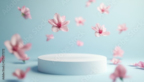 A white, round podium with a pastel blue background and pink flowers floating in the air. The empty space is perfect for showcasing beauty product