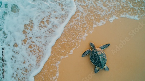 Wallpaper Mural A high-angle view of a sea turtle resting on a sandy beach, with its shell blending into the beach environment and the ocean waves gently lapping nearby. Torontodigital.ca