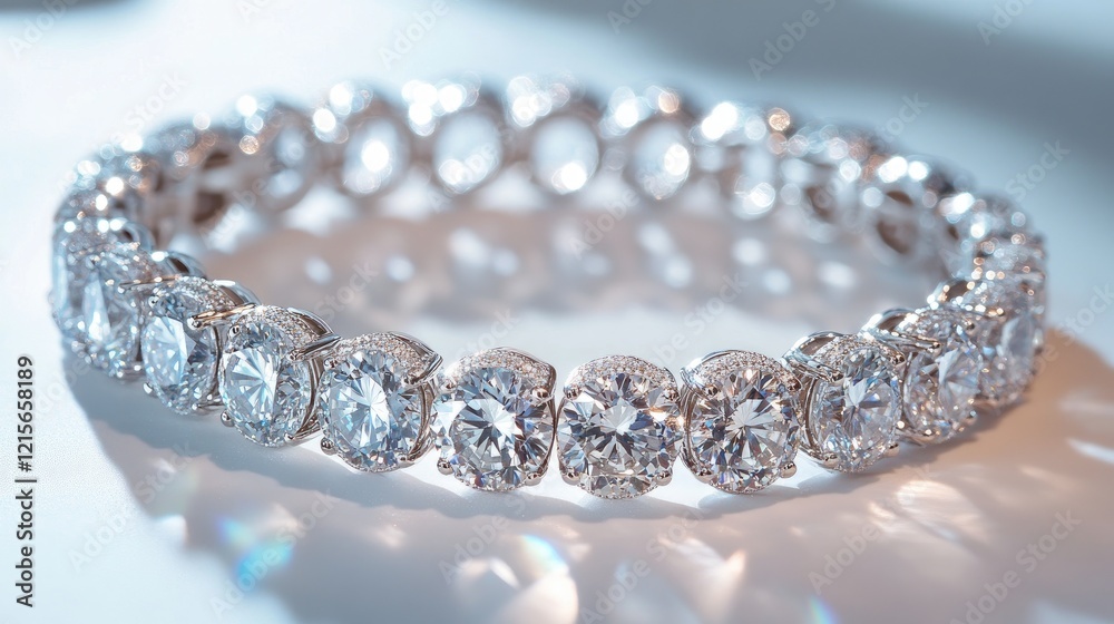 A high-resolution shot of a luxurious diamond bracelet arranged neatly on a white surface, showcasing the gleaming stones and polished metal. A high-resolution shot of a luxurious diamond bracelet arranged neatly on a white surface, showcasing the gleaming stones and polished metal.