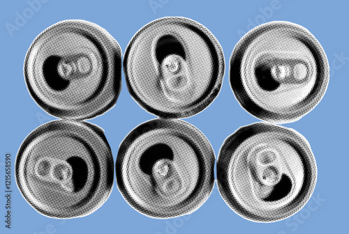 Group of empty drink cans pixelate grayscale color halftone dotted texture style collage element isolated on blue background. Top view.