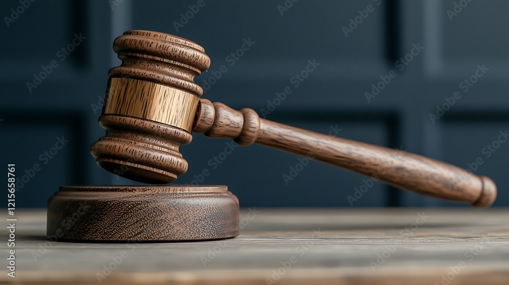 Wooden gavel rests on table for a legal theme, justice context, or decision making Wooden gavel rests on table for a legal theme, justice context, or decision making