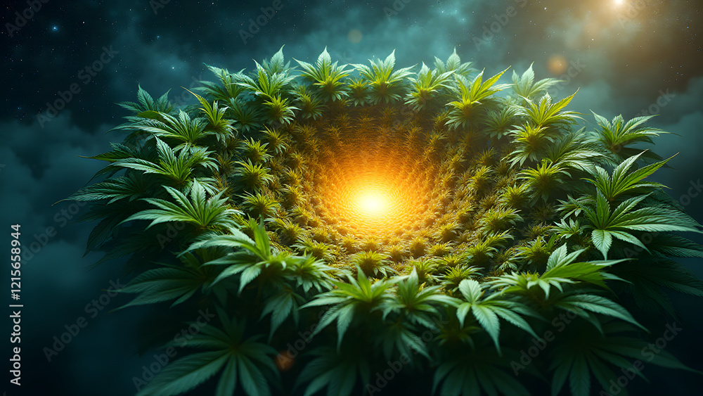 Fototapeta premium An infinite spiral of marijuana leaves leading to a glowing universe center, surrounded by colorful galaxies and cosmic nebulas in a surreal cosmic scene.