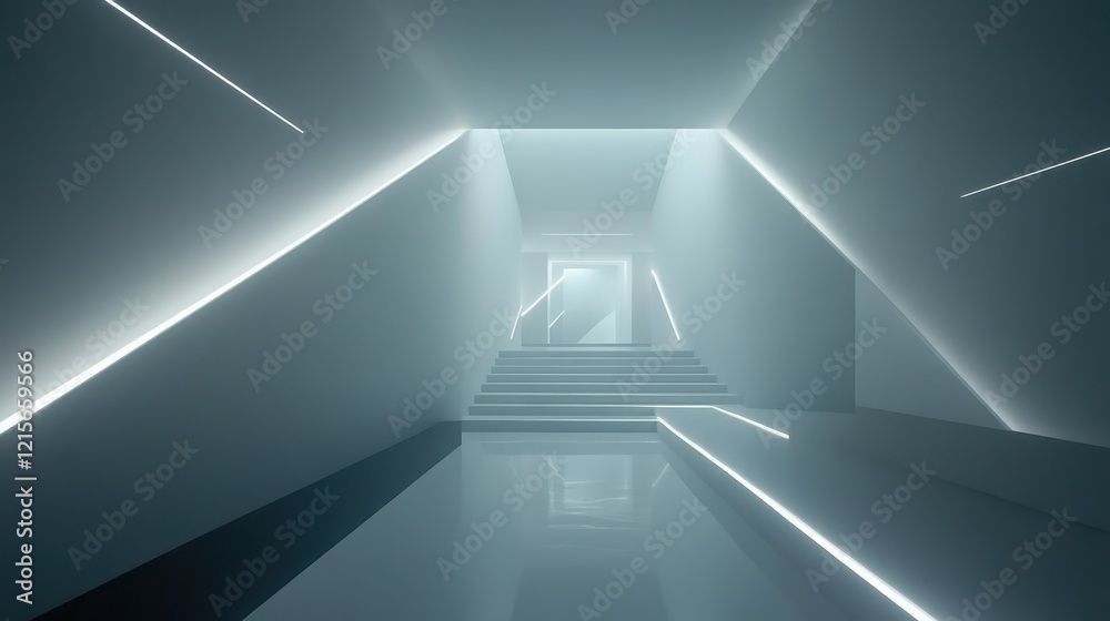Modern architectural stairway illuminated by bright neon lights