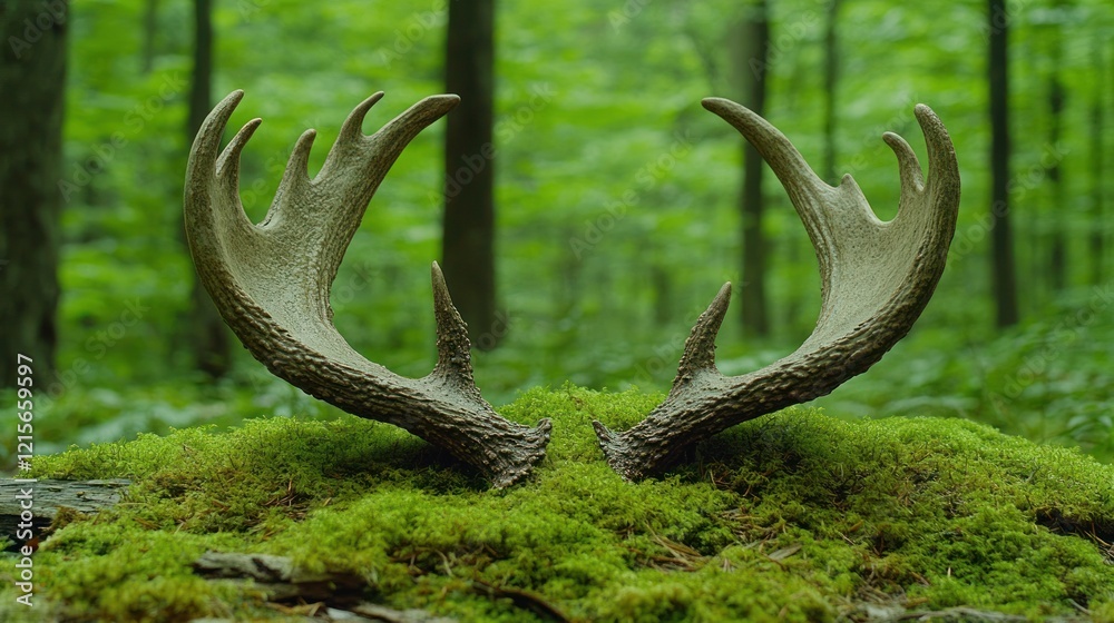Antler Pair on Moss, Forest Background, Nature Decor