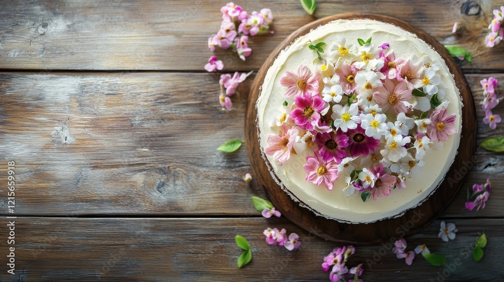 A mocha-toned cake is artfully decorated with vibrant spring flowers, elegantly placed on a rustic wooden table, inviting intrigue and delight for any occasion A mocha-toned cake is artfully decorated with vibrant spring flowers, elegantly placed on a rustic wooden table, inviting intrigue and delight for any occasion
