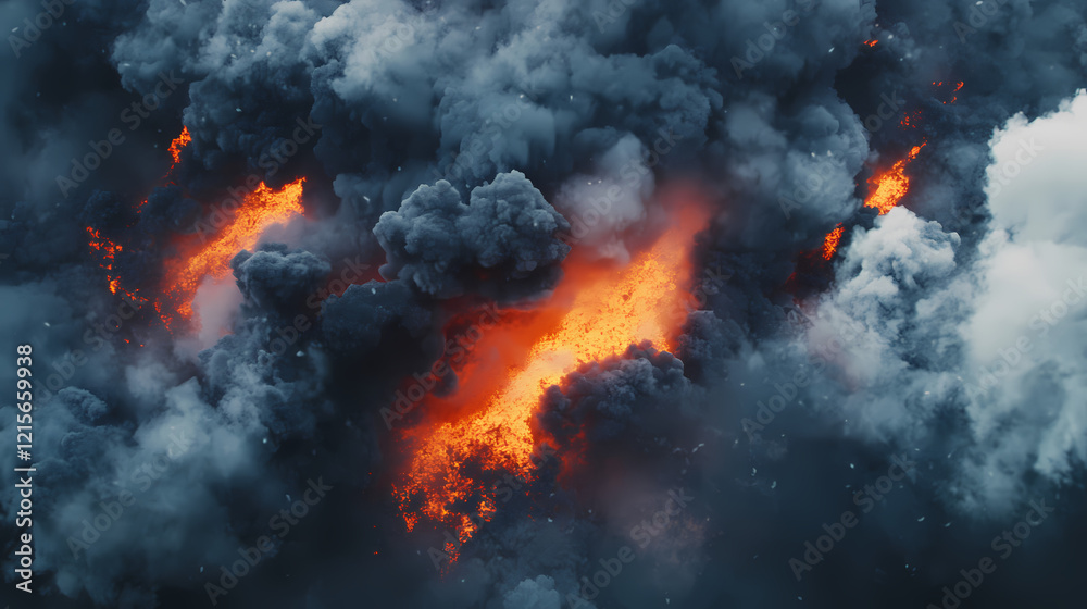 A volcanic eruption with clouds of ash and smoke, lava flow, ash. Lava Flow. Illustration A volcanic eruption with clouds of ash and smoke, lava flow, ash. Lava Flow. Illustration