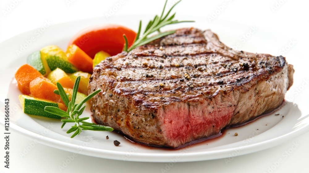 A perfectly cooked steak served on a pristine white plate, with a side of fresh vegetables and a sprig of rosemary, set against a clean, white background. A perfectly cooked steak served on a pristine white plate, with a side of fresh vegetables and a sprig of rosemary, set against a clean, white background.