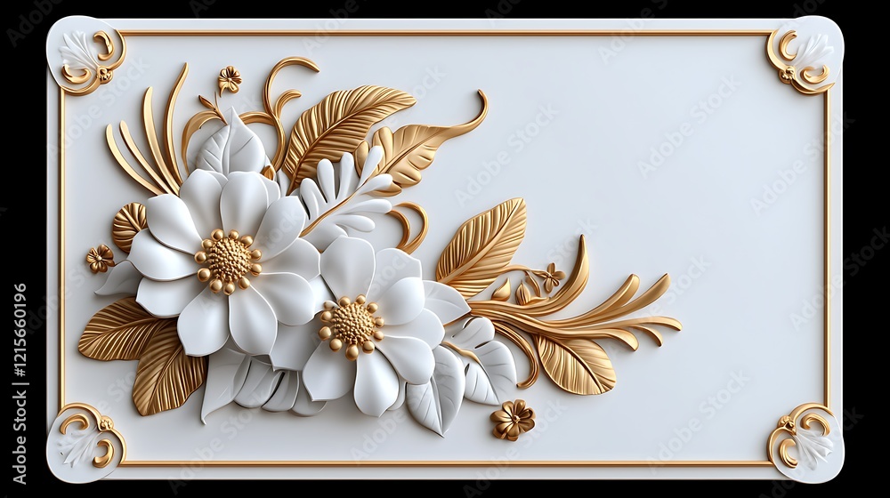 Elegant 3D floral relief with gold and white flowers in ornate frame.