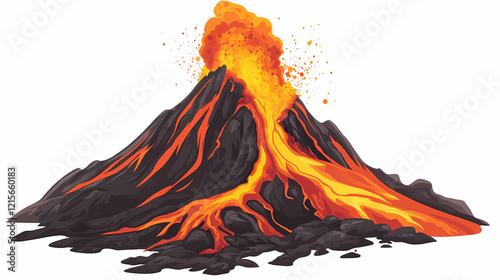 Eruption of a dormant volcano on a mountain slope , landforms, mountain slope. Lava Flow. Illustration
