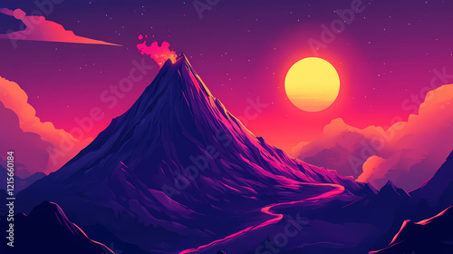Eruption of a dormant volcano on a mountain slope , landforms, mountain slope. Lava Flow. Illustration