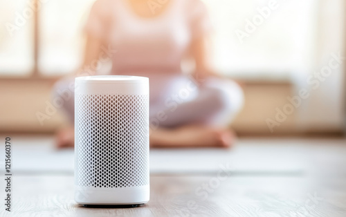 modern yoga session indoors featuring air purifier, creating serene atmosphere for relaxation and mindfulness. soft lighting enhances calming environment photo