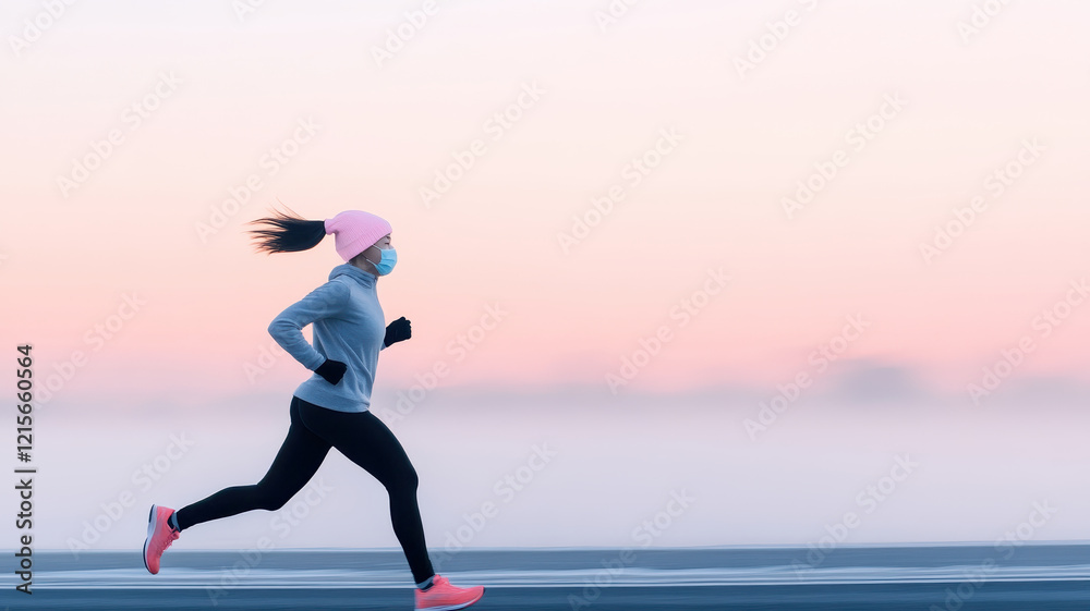 runner exercising on foggy morning, wearing mask and athletic gear, showcasing determination and focus runner exercising on foggy morning, wearing mask and athletic gear, showcasing determination and focus