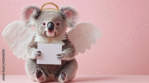 Adorable Koala Wearing Angel Wings and Halo, Holding a Blank Sign on Pink for Valentine s Day photo