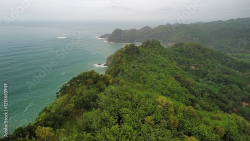 Aerial drone view of coastline with hills and trees, as well as view of coral cliffs and sea with waves from the ocean in Jerit Hill Beach Kebumen Central Java Indonesia photo