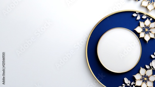 Elegant white and gold floral circle frame on navy blue background.