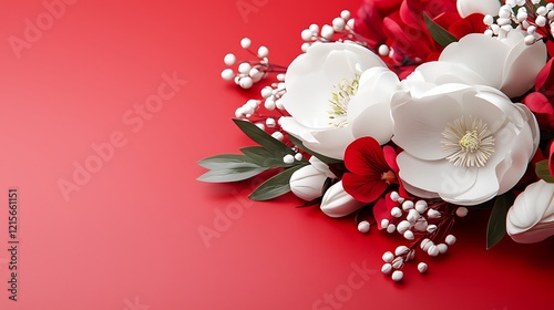 Elegant white and red flowers arranged on a red background.