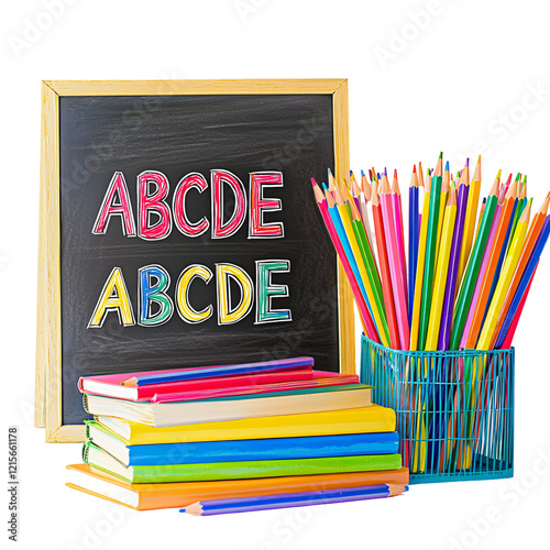 A colorful educational setup with a chalkboard and stationery for learning.