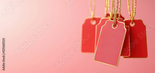 Red sale tags with gold edges hanging against soft pink background, perfect for promotions and discounts. These tags add vibrant touch to any marketing display