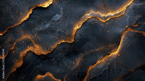 Molten gold flowing through cracked dark rock, abstract background texture