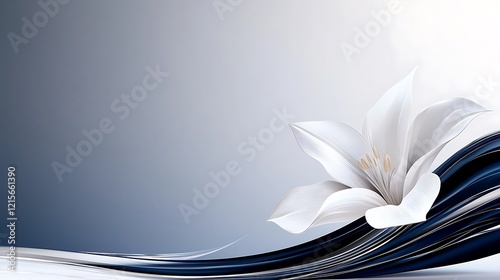 Elegant white lily flower on abstract blue wave background.