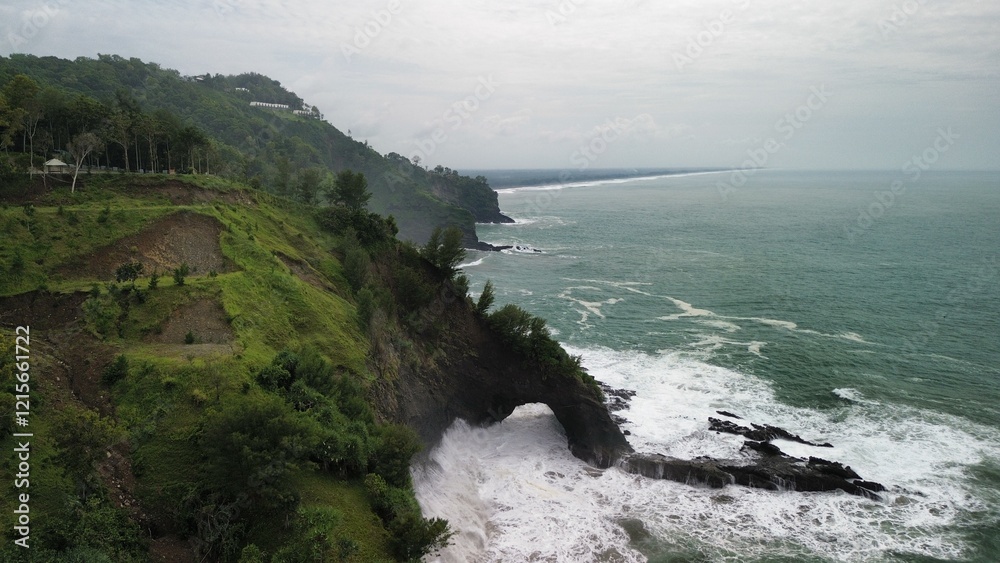 custom made wallpaper toronto digitalAerial drone view of coastline with hills and trees, as well as view of coral cliffs and sea with waves from the ocean in Sagara view also known as Karang Bolong Beach Kebumen Central Java Indonesia