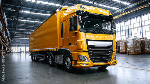 Powerful Yellow Truck in Modern Warehouse. Logistics and Transportation
