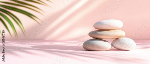 serene arrangement of smooth stones on soft pink background, evoking tranquility and balance. gentle shadows and palm leaves enhance calming atmosphere