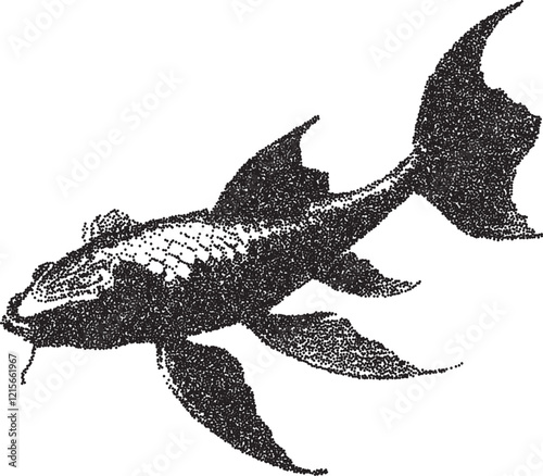 Koi vintage y2k stipple art, fish halftone stipple brutalist retro vector png with transparent background, pond 2000s aesthetic photocopy effect tattoo