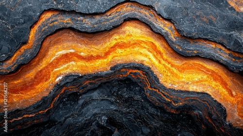 Molten lava flow between dark rock layers, geological formation