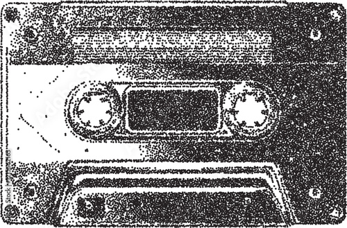 Cassette vintage y2k stipple art, retro halftone stipple brutalist vector png with transparent background, analog 2000s aesthetic photocopy effect tattoo