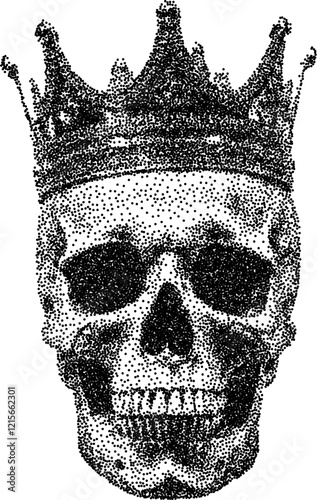 Skull vintage y2k stipple art, king halftone stipple brutalist retro vector png with transparent background, crown 2000s aesthetic photocopy effect tattoo