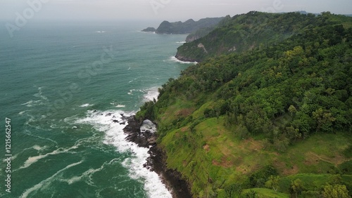 Aerial drone view of coastline with hills, cliffs, trees, beach sand and waves from the sea and ocean at Karang Bolong Beach, Kebumen, Central Java, Indonesia photo