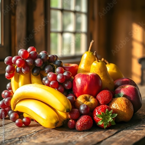 Hay plátanos, uvas, manzanas, peras españolas y fresas.
 photo