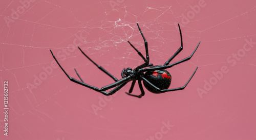 A black widow spider is repairing its nest while waiting for prey