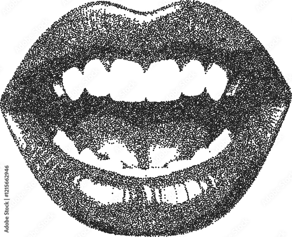 Mouth vintage y2k stipple art, tongue halftone stipple brutalist retro vector png with transparent background, lips 2000s aesthetic photocopy effect tattoo