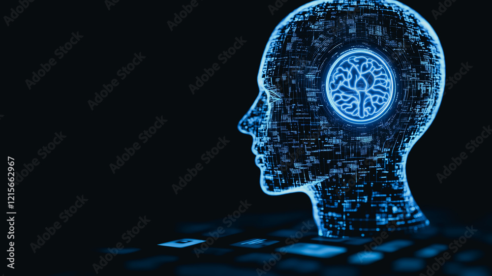Obraz premium Digital Mind: A mesmerizing digital rendering of a human head, composed of glowing blue data streams, with a central illuminated brain motif. The image symbolizes artificial intelligence.