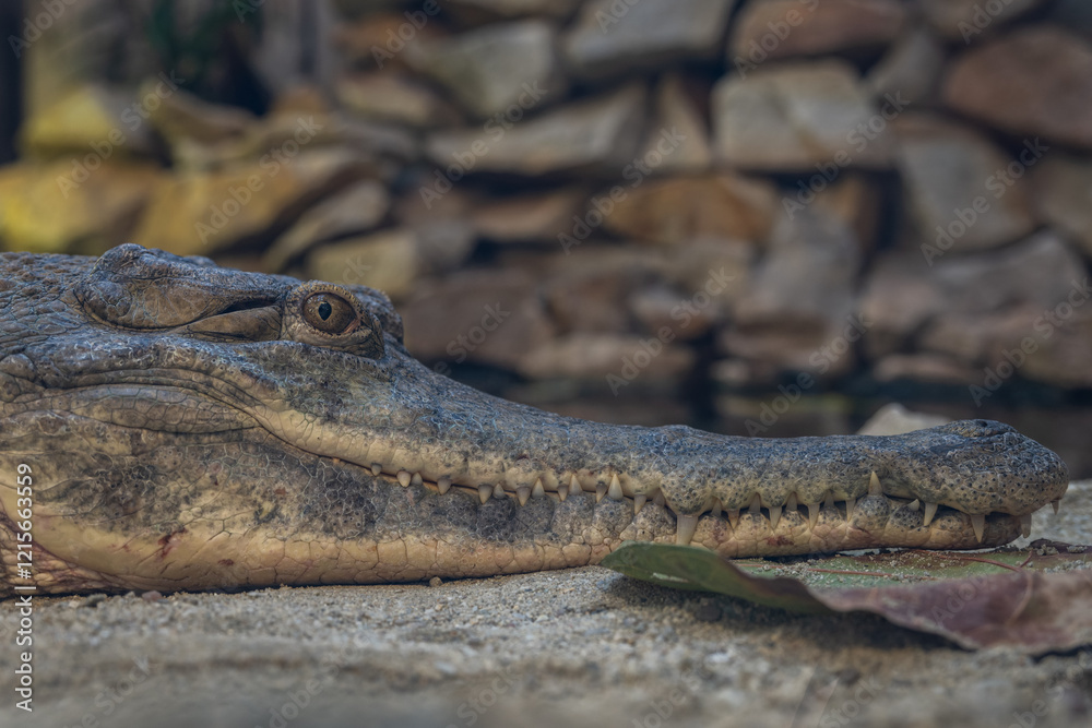 Fototapeta premium Close-up of a crocodile's head lying on the sand in the interior. 