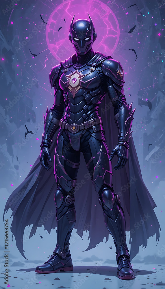 Fototapeta premium Futuristic Armored Hero Standing Beneath a Mystical Purple Aura. generative ai