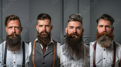 Four impeccably dressed gentlemen showcasing various beard and mustache styles in a studio portrait photo