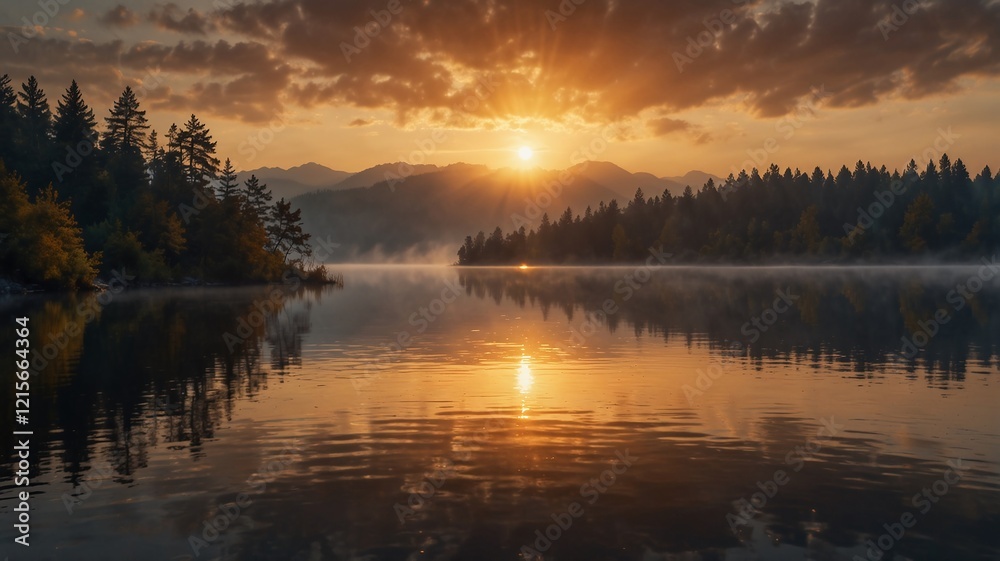 Fototapeta premium Serene Autumn Landscape with a Reflective Lake Surrounded by Trees at Sunset